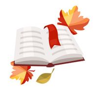 Open book with bookmark and autumn leaves