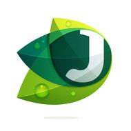 J letter with green leaves and dew drops