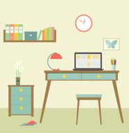 Workplace with modern computer in retro interior Flat vector illustration