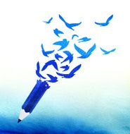 Concept of abstract blue pencil with birds N2