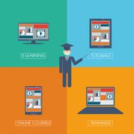 Online learning education infographic template with electronic technology devices and N3