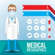 Medical infographic Young smiling man doctor with stethoscope