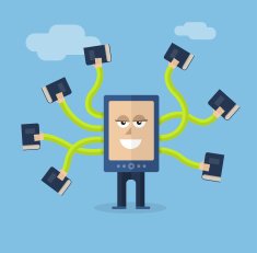 e-reader character hold a book flat illustration