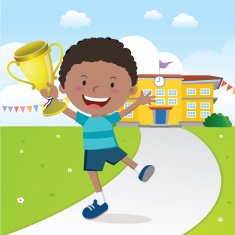 Cheerful boy holding gold trophy N2