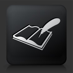 Black Square Button with Open Book and Quill Pen