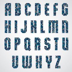 Geometric letters decorated with blue pixel texture