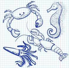 seafood pen drawn on sheet of paper vector illustration