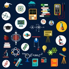 Flat physics science equipment and symbols