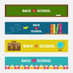 Back to school banner set Paper plane schoolbag Flat