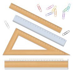 Wood school rulers and color paperclips isolated on white backgr
