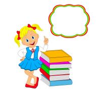girl standing rests on a stack of books N2