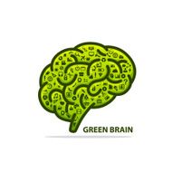 Silhouette of the brain green with icons