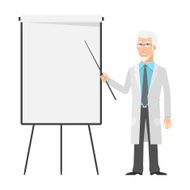 Elderly scientist points to flip chart