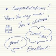 Handwritten short phrases Congratulations Thank you Good Excellent