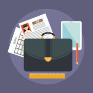 Business suitcase with paperwork portfolio concept