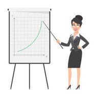 Businesswoman indicates on flip chart and smiling
