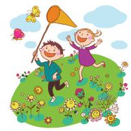 Children Running Together Outside Butterflies Summer N2