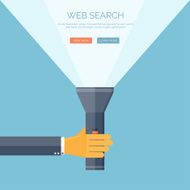 Vector illustration Flat flashlight and hand Web search concept bacground