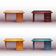 Vector set of realistic office wooden desk with shelves