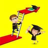 Graduate student climbing on ladder to reach graduate cap