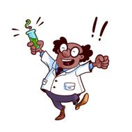 Happy professor in a white robe with chemical flask N2