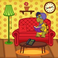 turtle reading book on couch