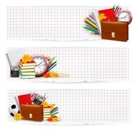 Three banners with school supplies and autumn leaves