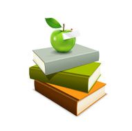 Colorful books and green apple
