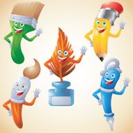 Writing drawing and painting tools waving cartoon set
