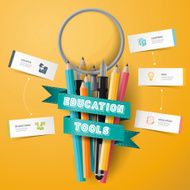 infographic Colorful pencil crayons and pen magnifier with ribbon