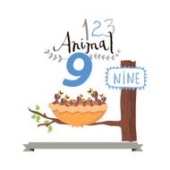 Children alphabet of animals and figures Number nine Vector illustration