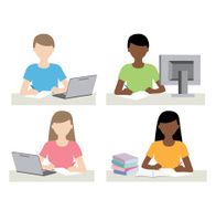 man and woman in front of computer doing homework illustration
