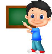 Happy little school boy cartoon writing on the blackboard N2
