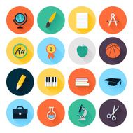 Set of colorful flat school and education icons with shadow