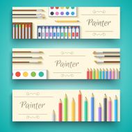 flat art painter workshop with paint supplies equipment tools banners