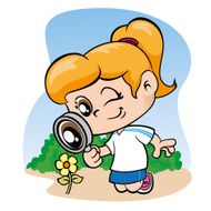 Girl student observing flowers with a magnifying glass N2