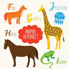 Alphabet for kids with animals Fox Giraffe Horse Iguana Jellyfish N2