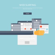 Vector illustration Flat web surfing background with hand and laptop