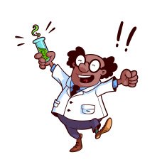 Happy professor in a white robe with chemical flask N2