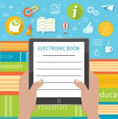 Stack of colorful books with electronic book