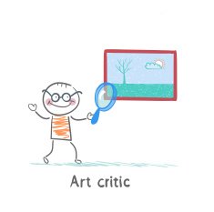 Art critic looks at the picture of a magnifying glass