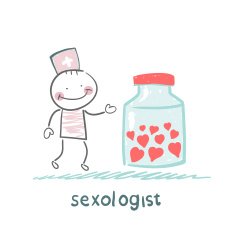 Sexologist stands near the banks filled with hearts N2
