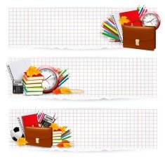 Three banners with school supplies and autumn leaves