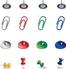 Set of thumbtacks and paperclip