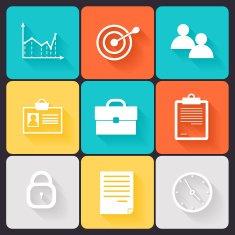 Business career icons white on colored squares with shadow