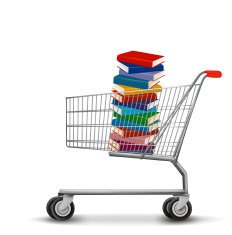 Shopping cart with a stack of books Vector