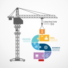 infographic Template with construction tower crane jigsaw banner