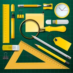 Yellow school supplies with green background N2