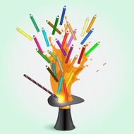 Colored pencils flying from magic hat