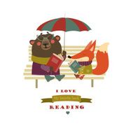 Cute fox and funny bear reading books on bench N2
